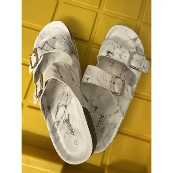 Ardene Women's Slides Marble White Gray Size 9 Buckles - Picture 2 of 5